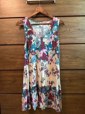 True Craft Casual Drop Waist Teal Pink Retro Floral Tiered Sleeveless Dress